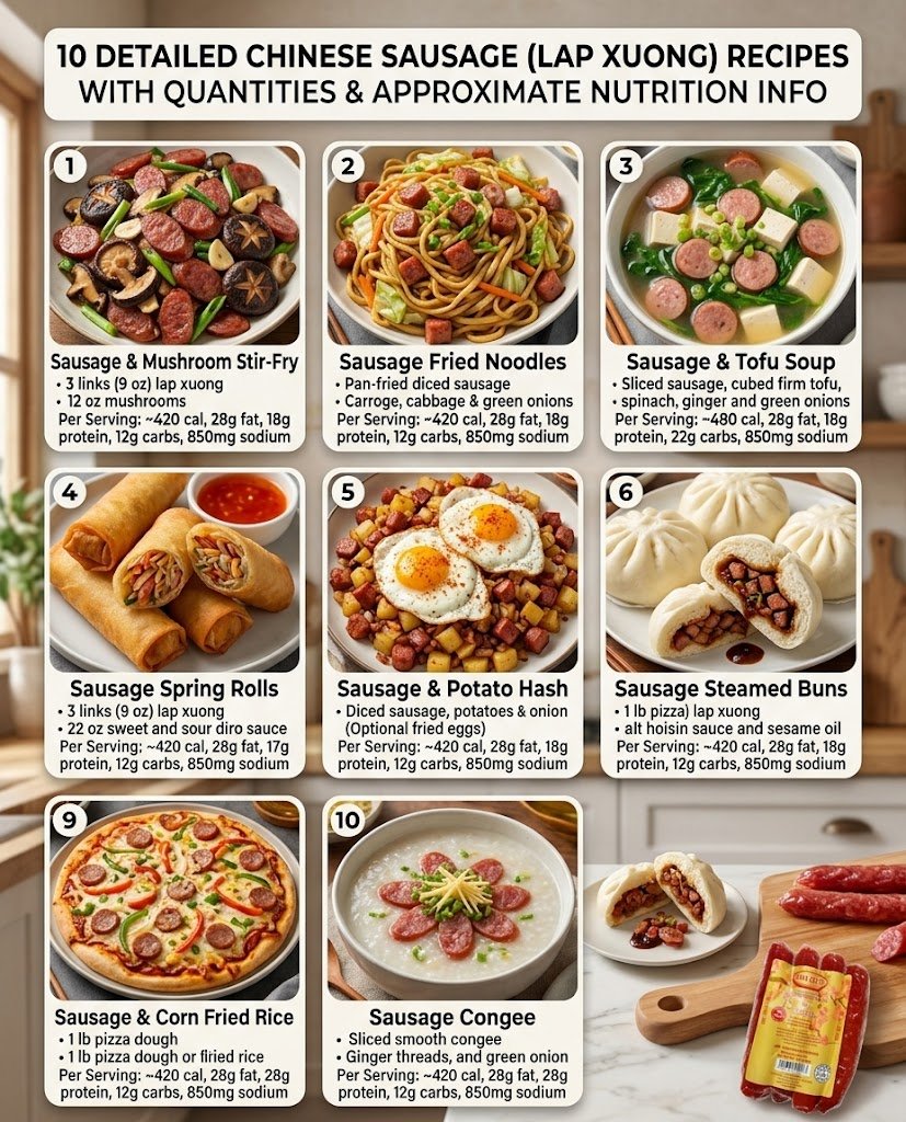 You are currently viewing 10 Detailed Chinese Sausage (Lap Xuong) Recipes with Quantities & Approximate Nutrition Info